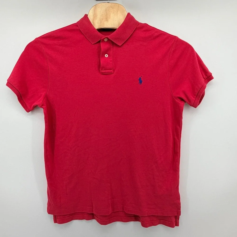 Polo Ralph Lauren Custom Fit Polo Shirt‎ Size Large Red Short Sleeve Blue Pony